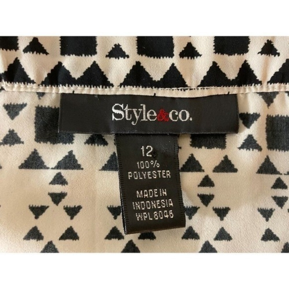 Style & Co Womens Geometric Print Ruffle Hem Shift Dress Tan Black Size 12 - Picture 4 of 11
